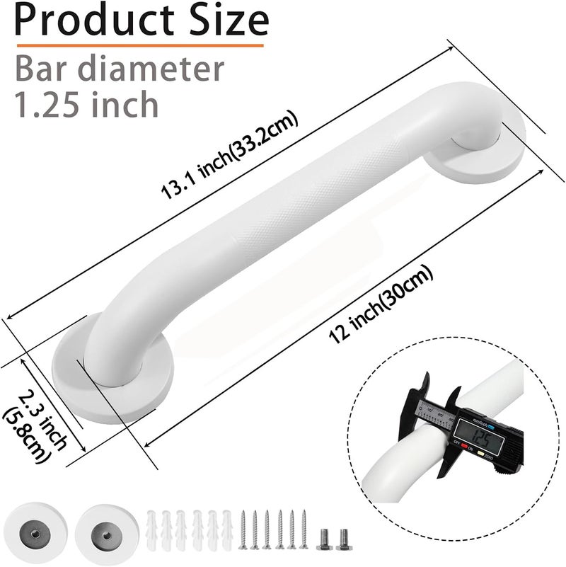 Rackickyer Shower Grab Bar, 2 Pack 12 Inch White Bathroom Grab Bar, 1.25" Diameter 304 Stainless Steel Anti-Slip Grab Bars for Bathtubs and Showers, Handicap Shower Grab Bar for Seniors Elderly - Image 2